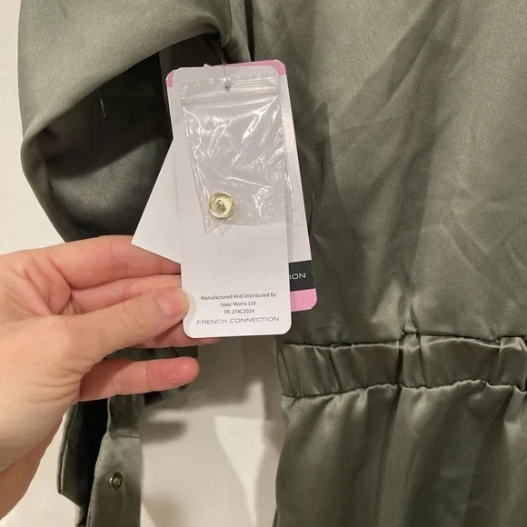 NWT French Connection Olive Green Shirt Dress Medium M Midi Belted Satin Career - Picture 9 of 11